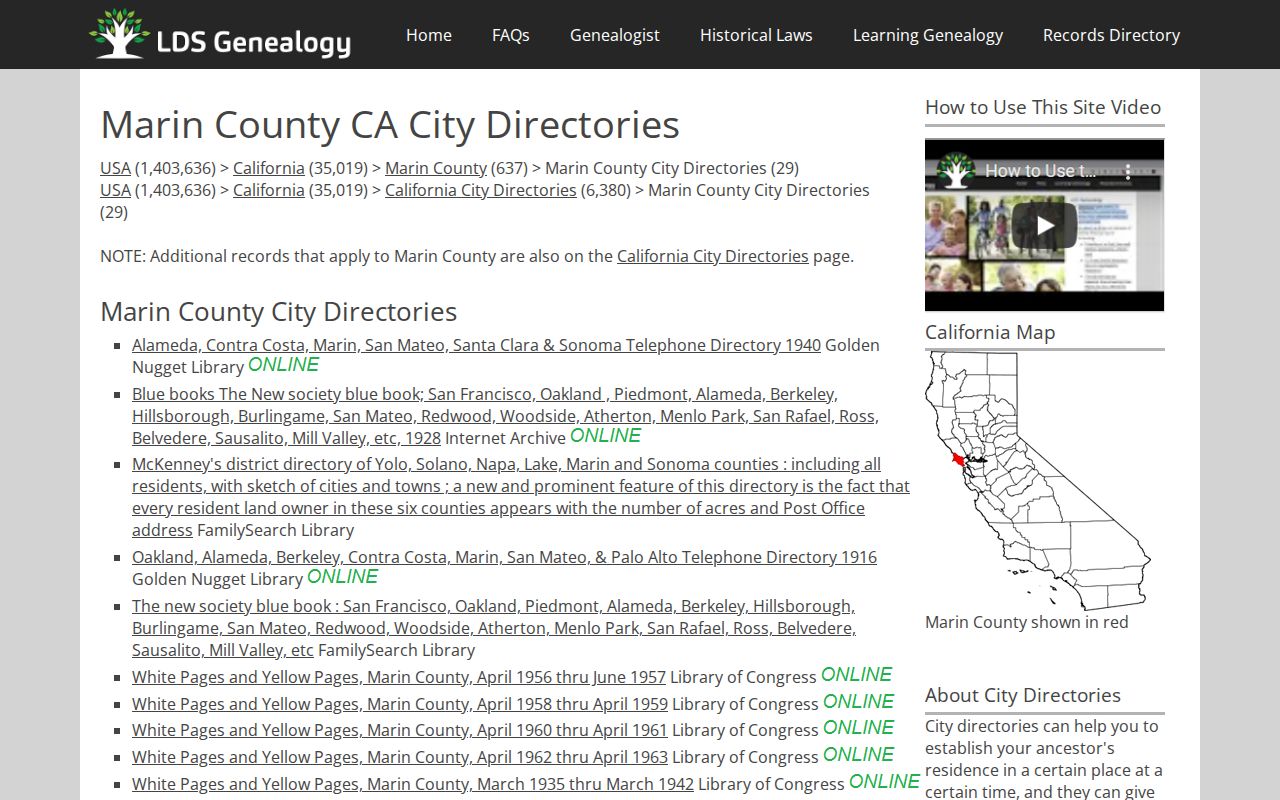 Marin County city directory bibliography and historical telephone book sources