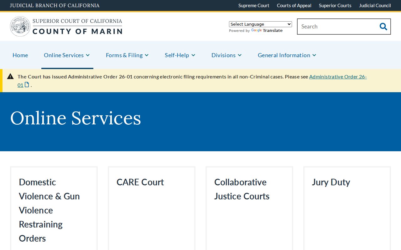 Marin County residents directory reference to Superior Court online services