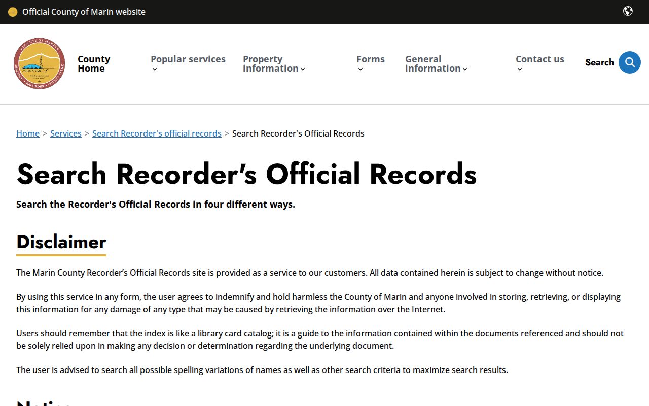 Marin County residents directory view of the official recorder index