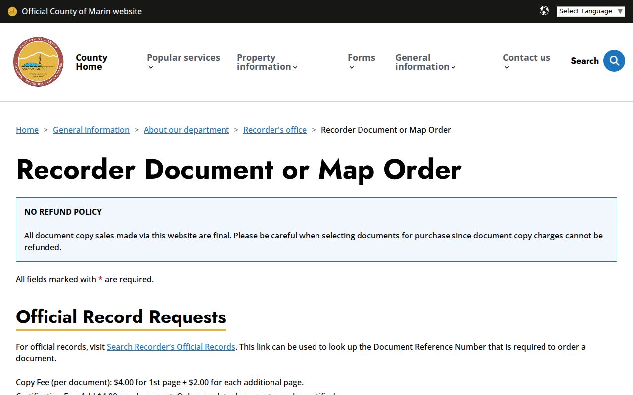 Marin County previous residents recorder document order
