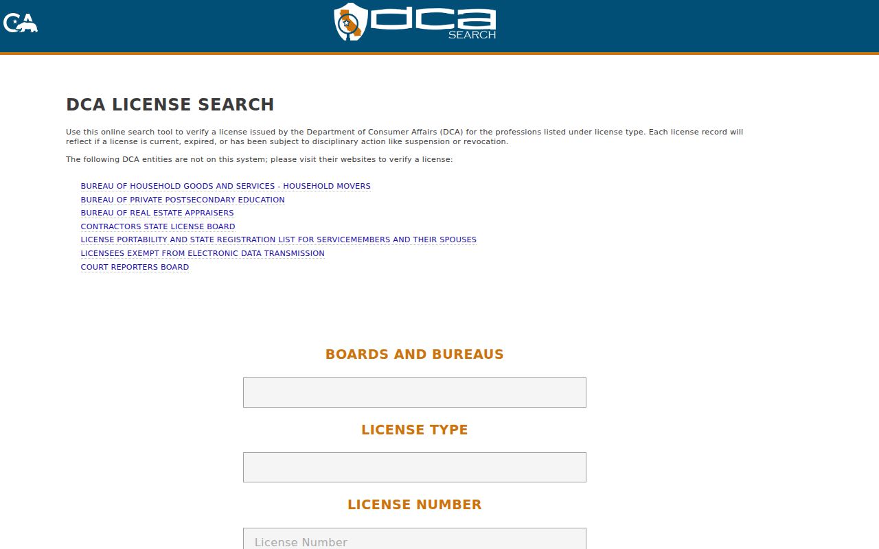 Marin County resident lookup through the California DCA license search